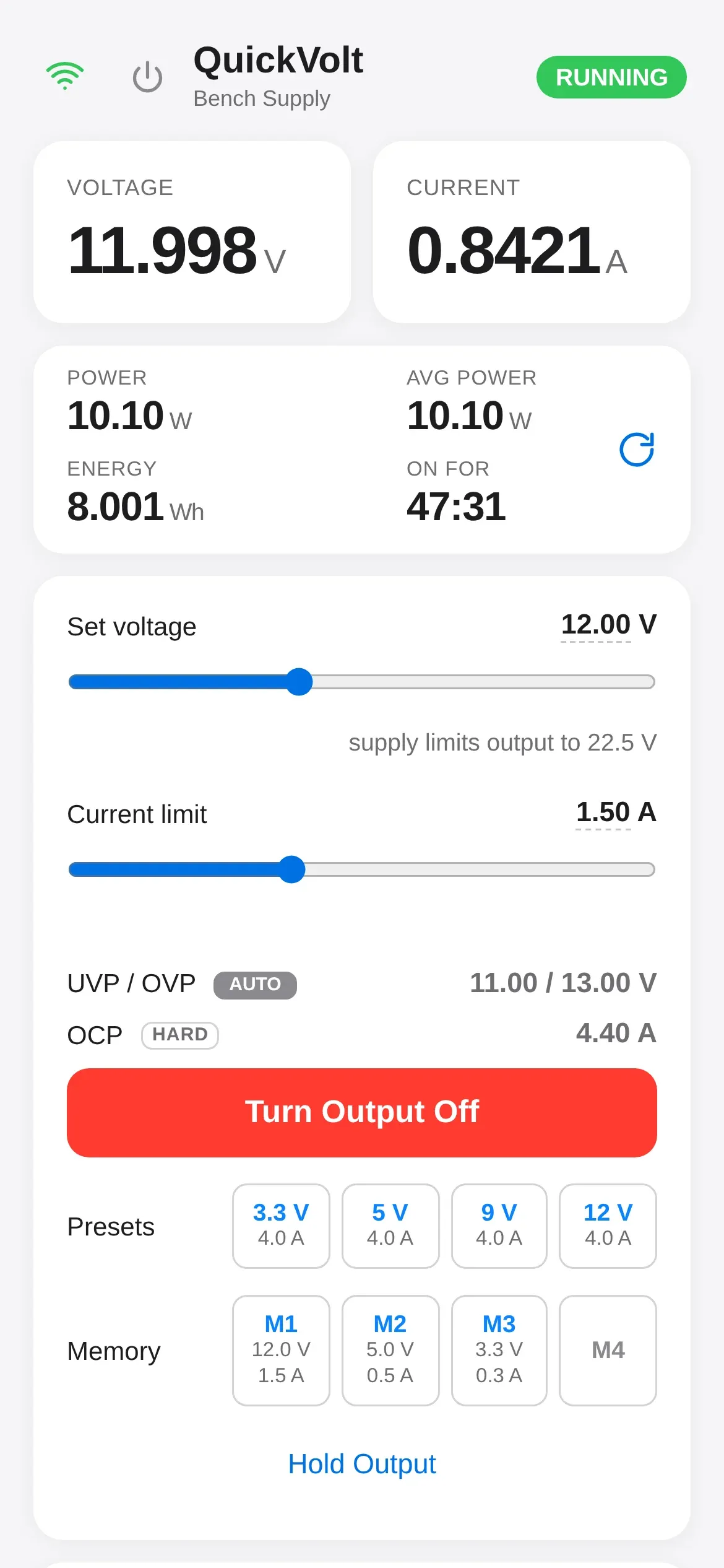 QuickVolt web control panel on a phone