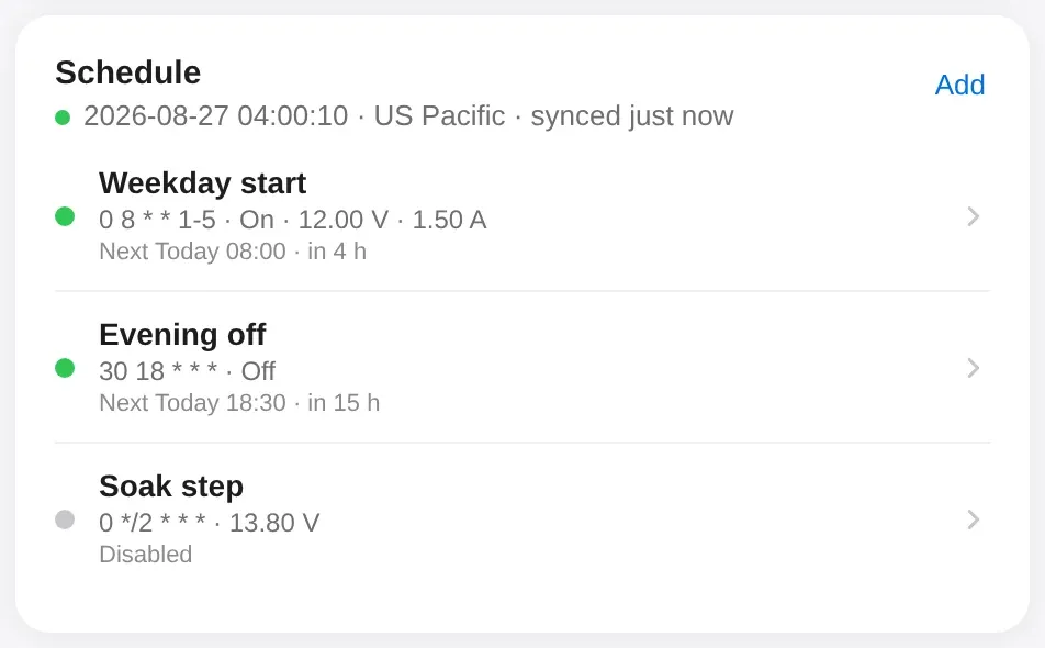 Schedule card in the web control panel