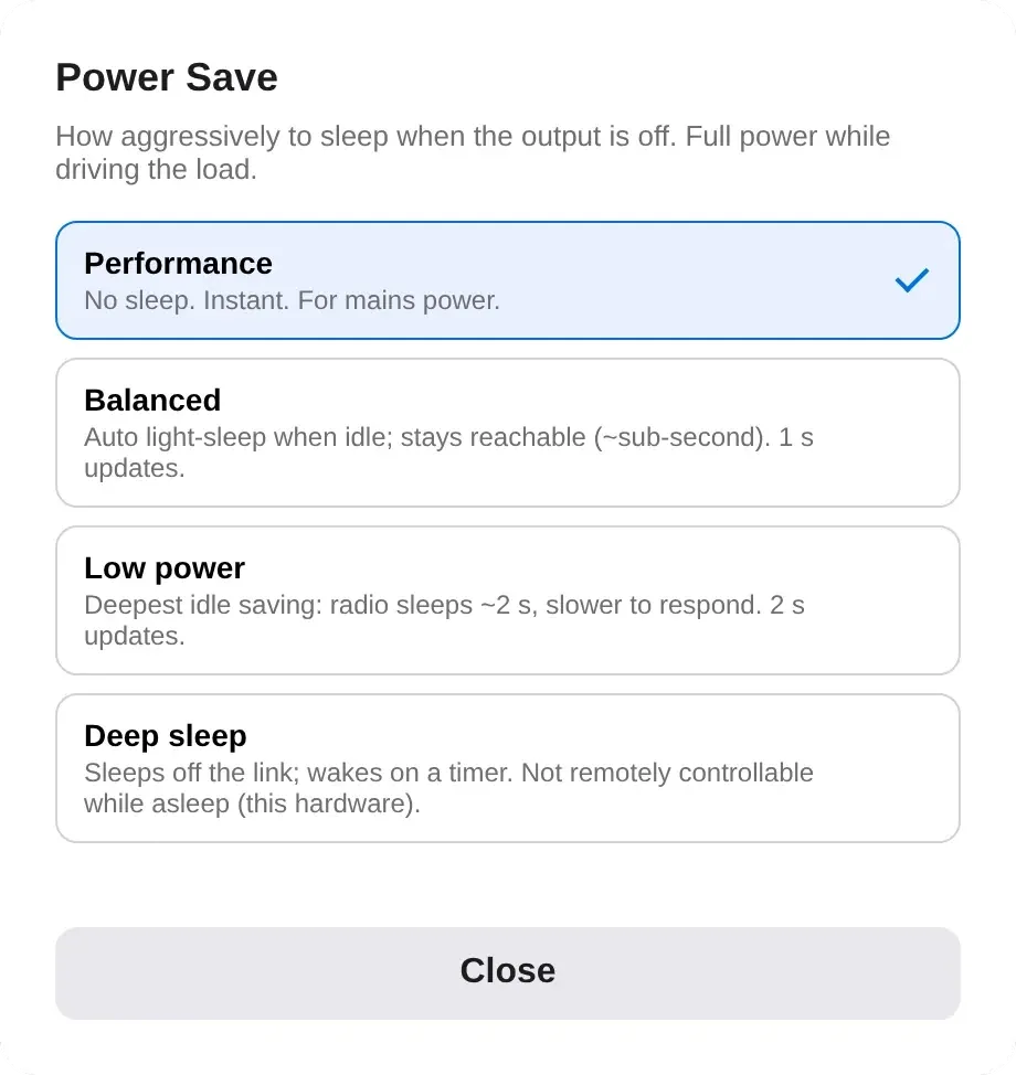 Power Save window in the web control panel